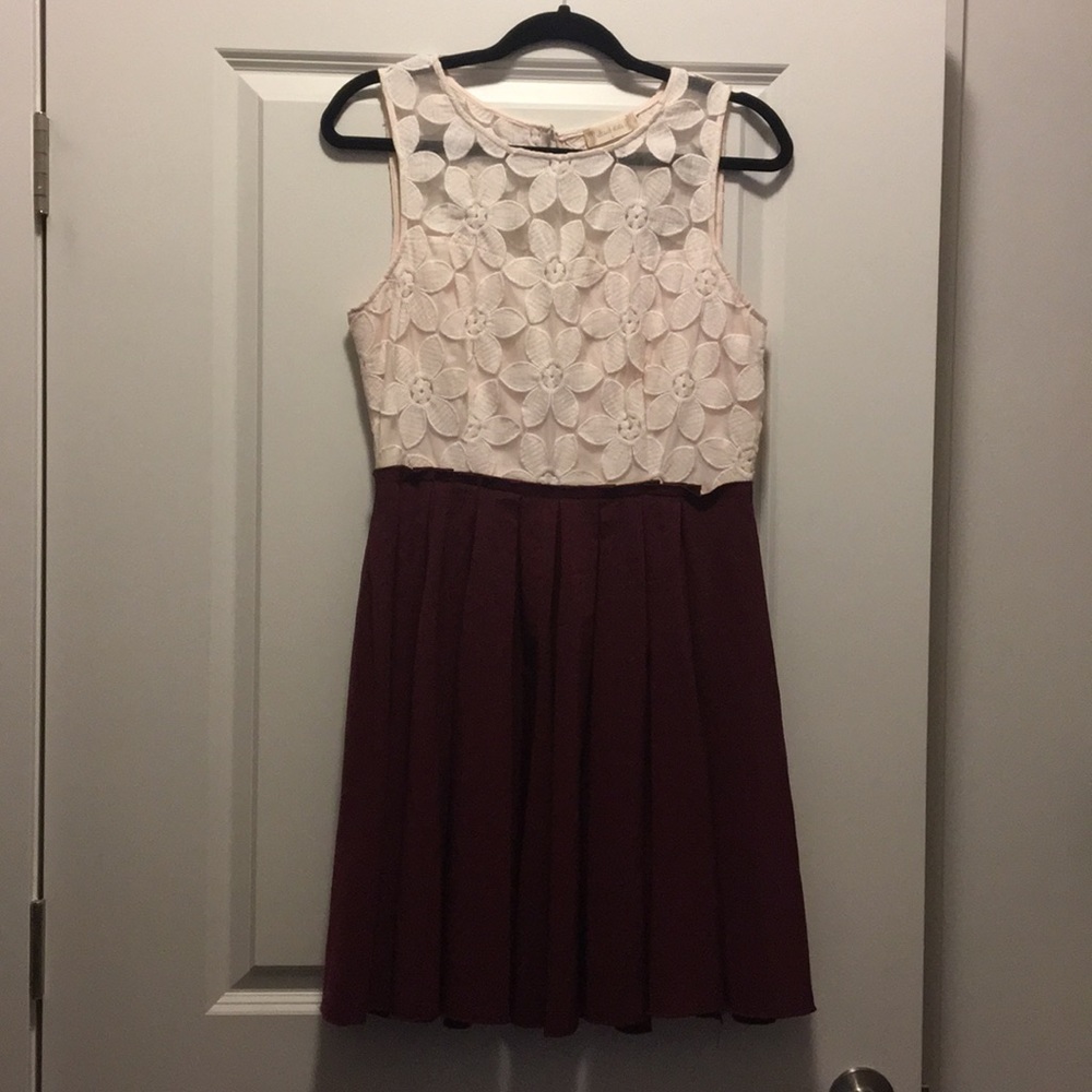 Cream and maroon pleated dress